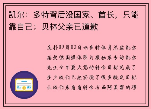 凯尔：多特背后没国家、酋长，只能靠自己；贝林父亲已道歉